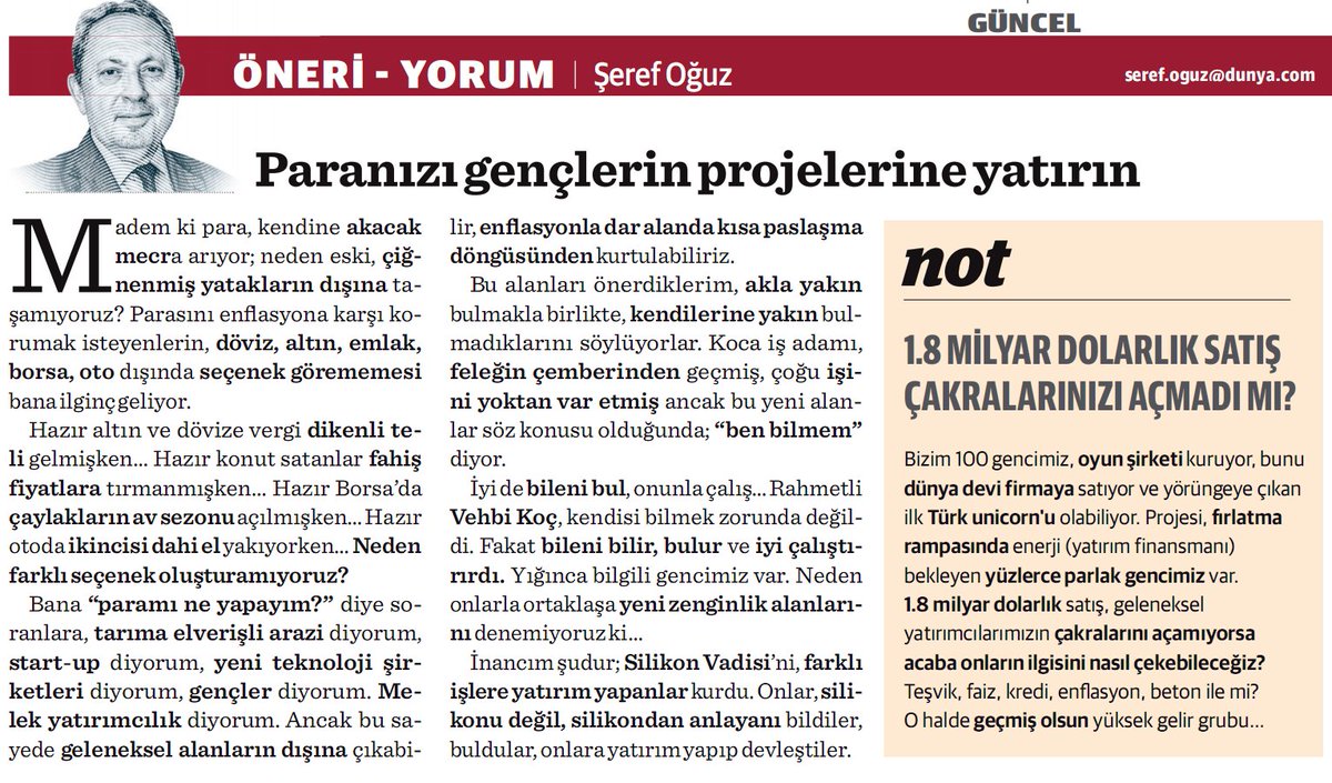 1.8 MİLYAR DOLARLIK SATIŞ ÇAKRALARINIZI AÇMADI MI?
Bizim 100 gencimiz, oyun şirketi kuruyor,
Bunu dünya devi firmaya satabiliyor.
Projesi, fırlatma rampasında enerji (yatırım finansmanı) bekleyen yüzlerce parlak gencimiz var.
Paranızı betona gömmek zorunda değilsiniz.
<a href="/serefoguz/">Şeref Oğuz</a>