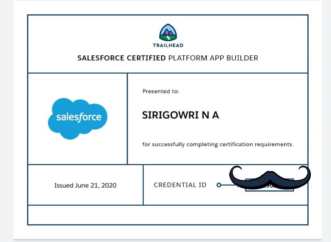 Happy To Announce that I'm a Salesforce Certified Platform App Builder 😋😇

Thanks to <a href="/iamshreysharma/">Shrey Sharma</a> for awesome YouTube and Free Udemy Content! Thanks to <a href="/FocusOnForce/">forceisnotdead</a> for awesome Practice Questions!