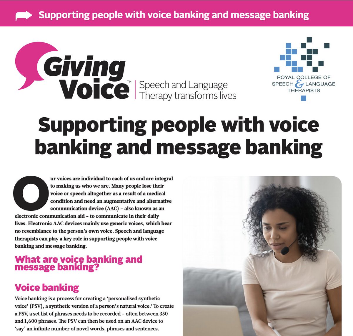 RCSLTpolicy's tweet photo. Not sure what #VoiceBanking & #MessageBanking involve? Then check out @RCSLT's brand new #RCSLTFactsheet https://t.co/3cN1cDla66 https://t.co/NWJmTZfU9z