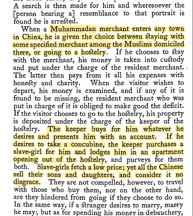  #China visit by IBN contd.Musl!ms normally stayed in separate dwellings or quarters.  #chinese use to sell their Son and Daughters as  #slave without any disgrace.  #slavery 14/n