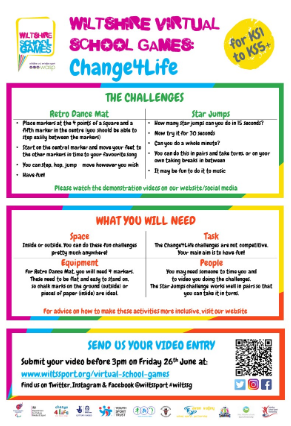 Here are the school games challenges for this week. Only a few weeks to go. Visit wiltssport.org.uk/virtual-school… to submit your video entries. Come on <a href="/melkshamoaksch/">Melkshamoak School</a>  get involved and represent the school!!
@WiltsSport Well done to those who have already taken part.