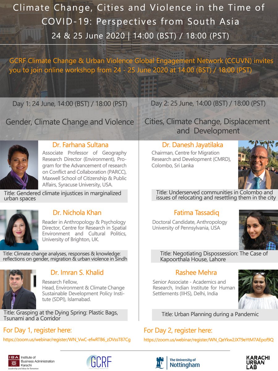Delightd to see esteemed scholars&amp;practitioners <a href="/Prof_FSultana/">Prof. Farhana Sultana</a> Dr.Nichola Khan <a href="/Centresecp/">SECP Research Centre</a> <a href="/imran2u/">Imran Khalid</a> <a href="/DaneshJayatilak/">Danesh Jayatilaka</a> <a href="/rasheemehra/">Rashee Mehra</a> <a href="/fatimatassadiq/">Fatima Tassadiq</a> gathered to address issues of Gender #ClimateChange, Violence&amp;Displacement
Day1: zoom.us/webinar/regist…
Day2: zoom.us/webinar/regist…