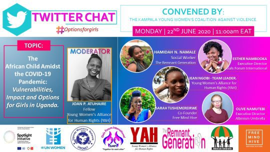 Joan Atuhaire (@joanpatuhaire) on Twitter photo In a few minutes we shall be delving into the a post #DAC2020 conversation on the status of the girl child in Uganda .
#OptionsforGirls💥💥💥
<a href="/PeshPoni/">Patience Poni Ayikoru 👩🏿💼</a> @hamidah_kigozi <a href="/GAFIUg/">Gals Forum International</a> <a href="/sarahedigold/">Tushemereirwe Sarah</a> <a href="/albinismumbrell/">Albinism Umbrella</a> <a href="/remnantgnration/">The Remnant Generation</a> <a href="/yah_uganda/">Young Women's Alliance for Human Rights-YAH</a> In a few minutes we shall be delving into the a post #DAC2020 conversation on the status of the girl child in Uganda .
#OptionsforGirls💥💥💥
<a href="/PeshPoni/">Patience Poni Ayikoru 👩🏿💼</a> @hamidah_kigozi <a href="/GAFIUg/">Gals Forum International</a> <a href="/sarahedigold/">Tushemereirwe Sarah</a> <a href="/albinismumbrell/">Albinism Umbrella</a> <a href="/remnantgnration/">The Remnant Generation</a> <a href="/yah_uganda/">Young Women's Alliance for Human Rights-YAH</a>