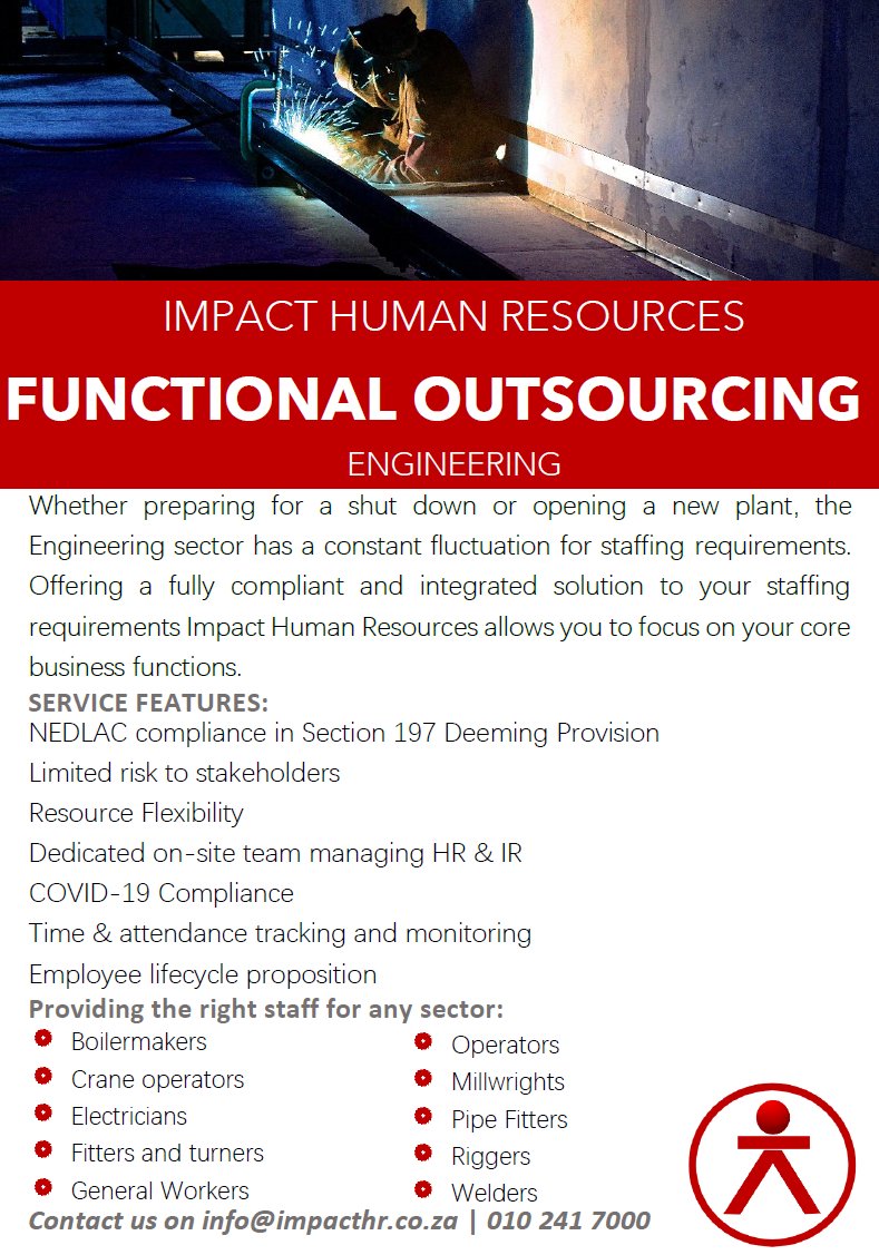 Contact us for more information on how we can help your business with our Functional Outsourcing Services on 010 241 7000 | info@impacthr.co.za #Staffingsolutions #outsourcedsolutions #FunctionalOutsourcing #SouthAfrica #recruitmentsouthafrica #EngineeringSouthAfrica #Engineering