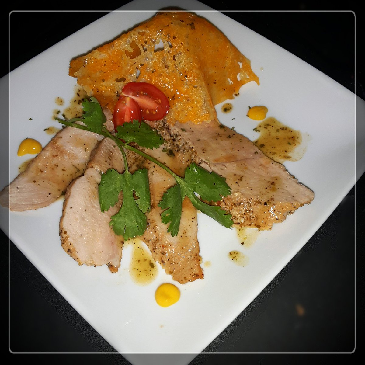Chef_Kenny_'s tweet photo. Braised pork steak, with a cilantro orange butter sauce, and frico. #delicious #ChefKennethFarley https://t.co/asJsuQqJVH