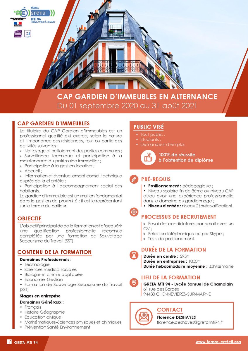 🔹🔸Intéressé(e) par le gardiennage !! 🏣 le <a href="/GretaMti94/">GRETA MTI 94</a> propose une formation de CAP gardien d'immeubles en alternance de septembre 2020 à août 2021 . 🙋‍♀️🙋‍♂️100 % de réussite à l'obtention du diplôme !👍 #gardiendimmeubles #alternance #jeunes1625ans #alternance
