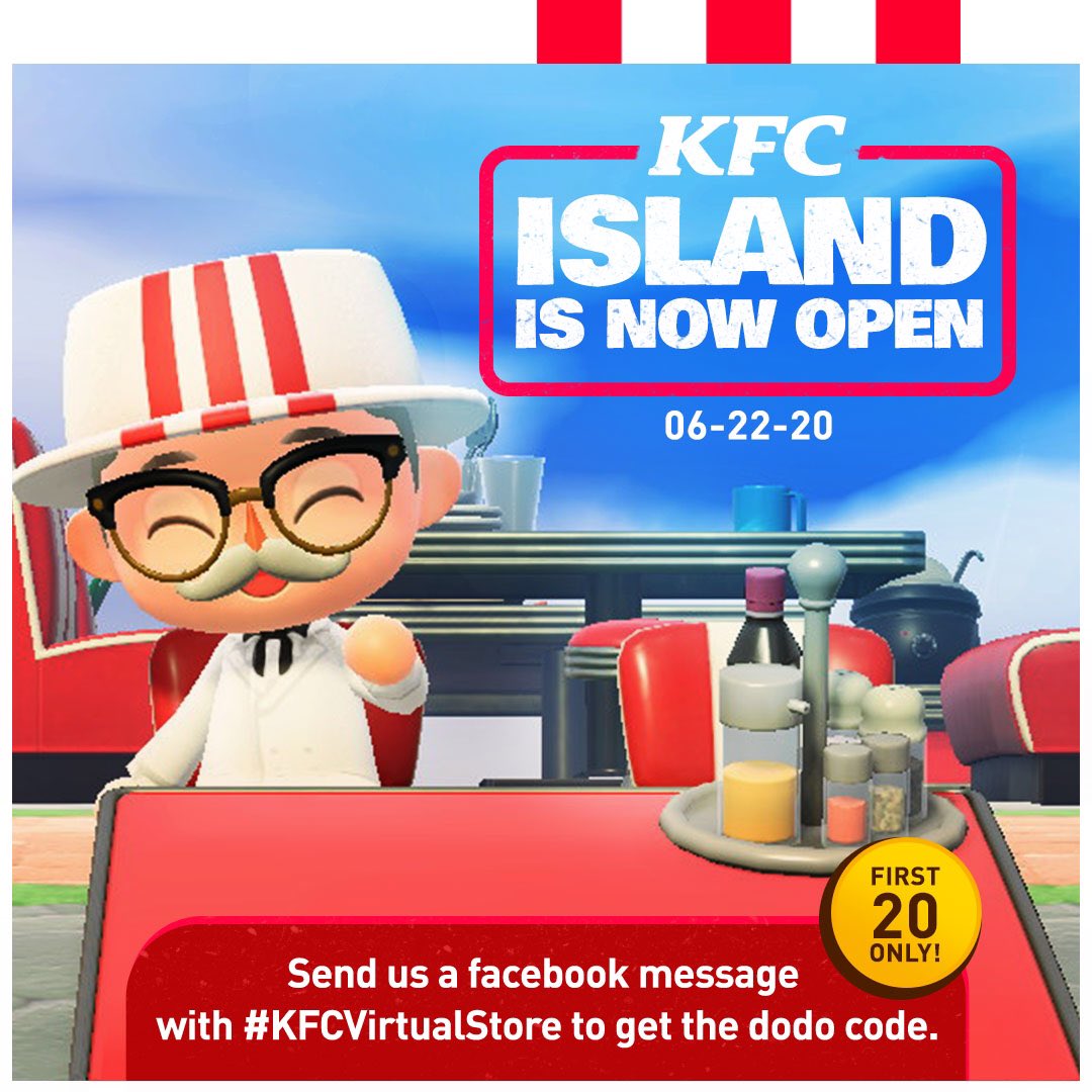 KFCPhilippines's tweet photo. KFC Island is open again today.

First 20 people to message us here on Facebook with #KFCVirtualStore get the dodo code.

Can’t wait to see you in the island! https://t.co/UFnjlUFBLT