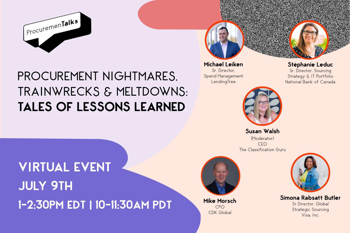 ClassificationG's tweet photo. Morning! Kicking off Monday with a date for your diary! ☀️ 📅
I'm moderating #PTalks on July 9th - join us as #sourcing leaders share war stories of #procuremnt disasters they've survived.
Register here ⬇️
https://t.co/E5cYV6j9kJ https://t.co/pnzh2Bs2EX