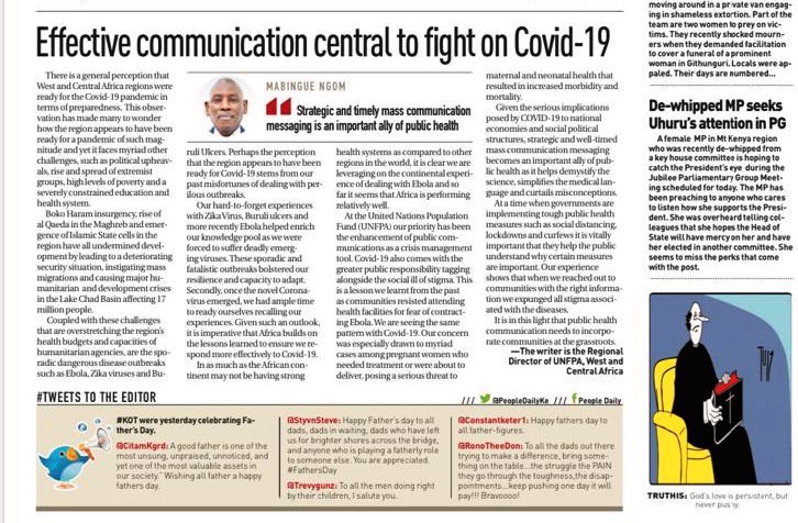 Effective communication central to fight #COVID19, Opinion piece by <a href="/mabinguengom1/">Mabingue Ngom</a>, regional director <a href="/UNFPA_WCARO/">UNFPA WCARO</a> 

"Good communication saves lives » <a href="/antonioguterres/">António Guterres</a> noted while launching <a href="/UN/">United Nations</a> Verified Campaign