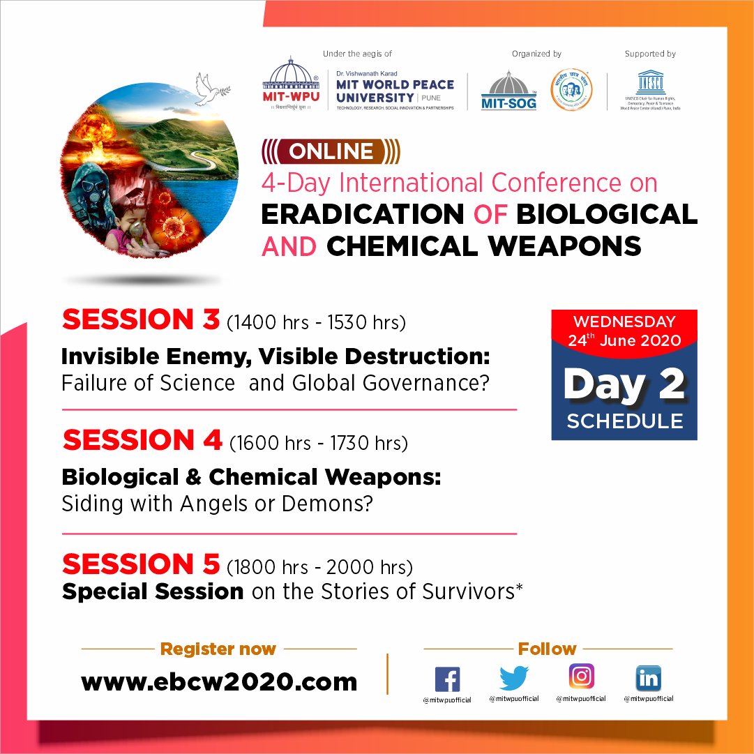 IR_MITWPU's tweet photo. BlockCalendar- 4 -Day International (Online) Conference on βEradication of Biological and Chemical Weapons.β Listen to 30+ eminent speakers in the upcoming 12 sessions.
#Voiceyouropinion #helpbuildpeace from 23-26th June 2020
#MITWPU #Conference #Eradication #BiologicalWeapons https://t.co/51nkgktptw