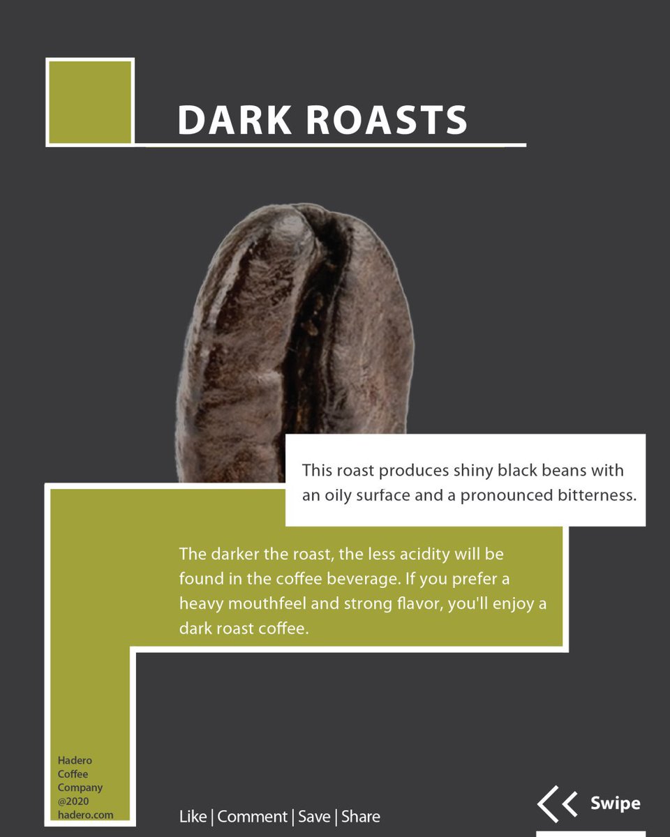 Types of Coffee Roasts.

What’s your favorite coffee roast? let us know in the comments below
.
.
.
#haderocoffee #Reintroducingcoffee  #haderocoffeecompany #coffee #cofeelover #coffeetime #coffeebean # lightroast #mediumroast #mediumdarkroast #darkroast
