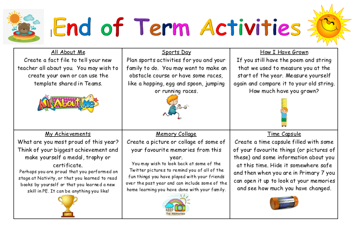 Please see the activity grid below for some fun end of term activities for the week ahead. Disney &amp; Space adventure packs have also been saved in our Team page and children have been sent a little memory gift in the assignments. ☺️ Have a good week everyone. ☺️