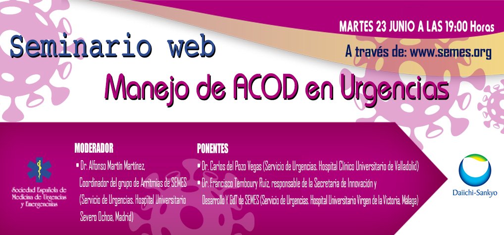 DaiichiSankyoES's tweet photo. 📌Mañana (19:00h) seminario web con @SEMES_: 'Manejo de #ACOD en Urgencias'. 

Síguelo aquí ▶️https://t.co/91qYjiZJDF 

#anticoagulantes https://t.co/ti61yDP3si