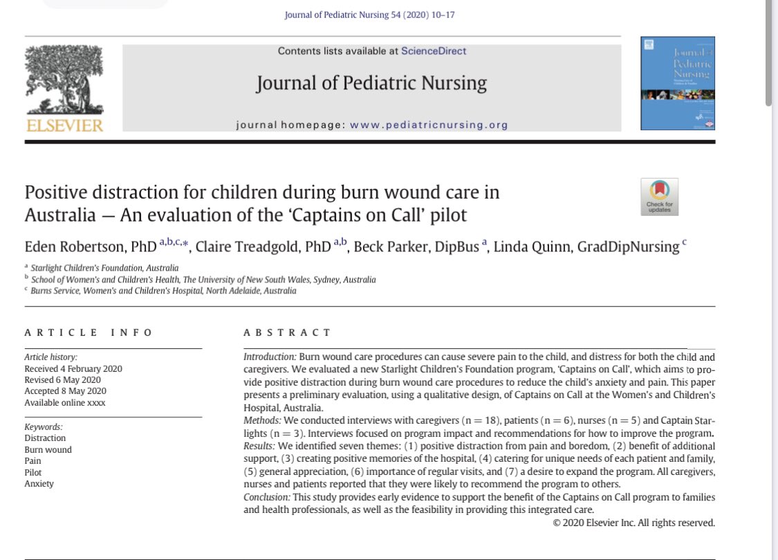 Eden_Robertson's tweet photo. The @Starlight_star ‘Captains on Call’ program provides #positivedistraction to kids undergoing distressing procedures (burn wound care). Interviews suggest it may ⬇️ patient & parent #anxiety + #distress, & have longterm positive impacts! #shinebright
https://t.co/HdSkPMyAUB https://t.co/U6A79kgHLF