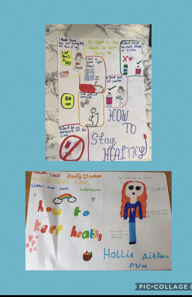 AitkenheadS's tweet photo. We have SIX joint first place winners for our Rights Respecting School Poster Competition 💙 Well done Sophie A-P1, Orla-P2, Ryan-P4, Joseph-P4, Hollie A-P4 and Emily-P7. 🏆Super Effort all round! #article24 #howtostayhealthy @UNICEF https://t.co/SY4VtTxUhK