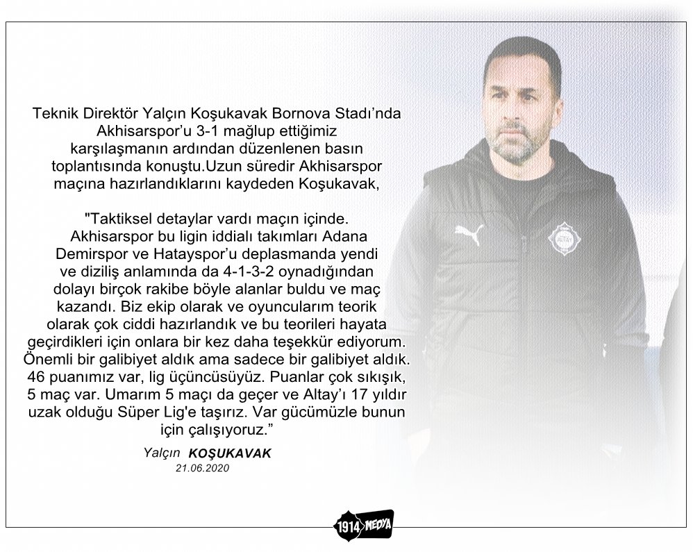 Teknik Direktörümüz Yalçın Koşukavak, 3-1 galip ayrıldığımız Akhisarspor karşılaşmasının ardından açıklamalarda bulundu . 

#Altay