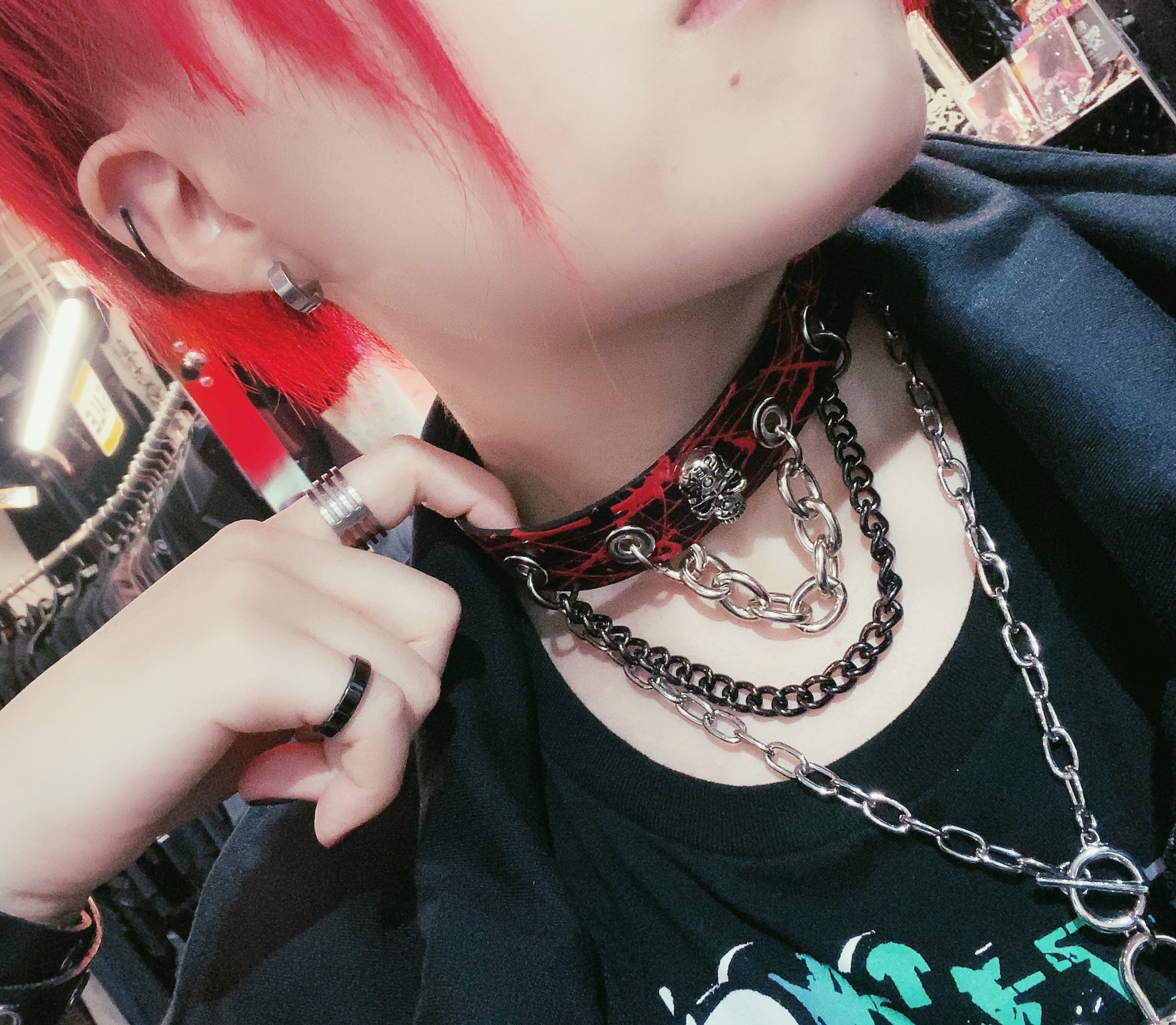 Sex Pot Osaka Blood Paint レザーチョーカー Size F ﾌﾘｰ 2900 税 血が飛び散ったようなペイント加工がかっこいい シルバーチェーンとブラックチェーンの組み合わせはたまりません W و ｸﾞｯ かほ セクポ Sexpotosaka T