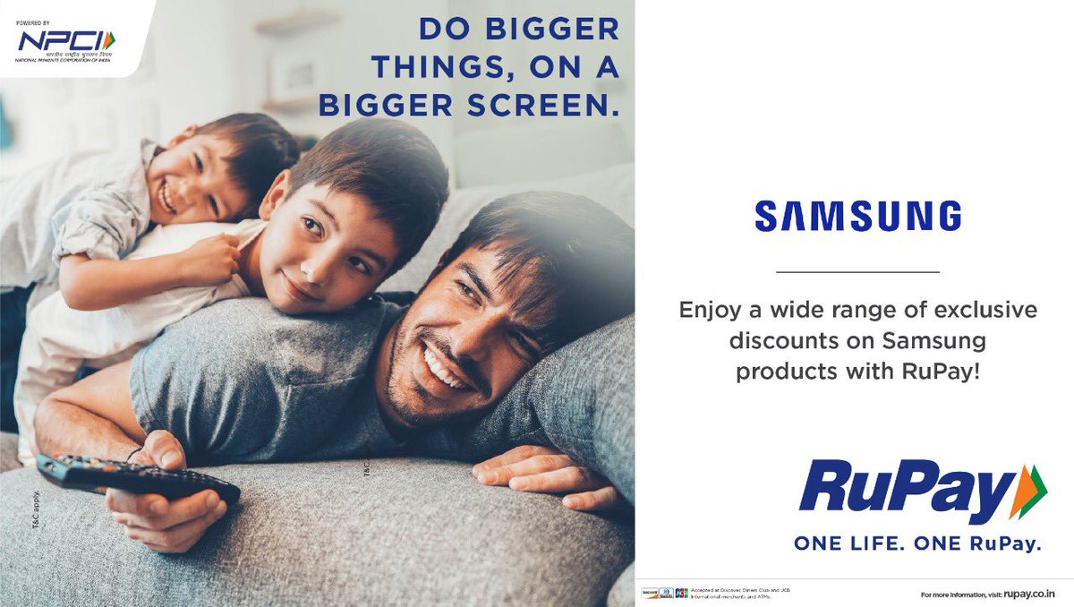 RuPay_npci's tweet photo. Explore a whole new galaxy of discounts! With a wide range of exclusive offers on Samsung products like TV, smartphones, appliances and more, it’s going to be a fiesta for RuPay cardholders. Avail now https://t.co/SbhHneiTnZ #OneLifeOneRuPay #Samsung #Discounts #RuPayoffers https://t.co/R7qW8Uri6Z
