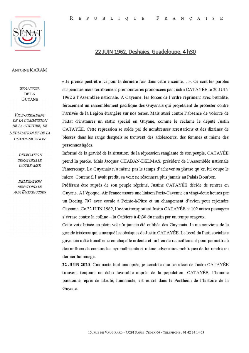 AKaram973's tweet photo. Le 22 juin 1962 disparaissait dans un crash d'avion le député de Guyane Justin Catayée. En session parlementaire à l'Assemblée nationale, il avait décidé de rentrer précipitamment en #Guyane auprès de la population opprimée à l'occasion d'une manifestation pacifique. https://t.co/1KH2WtDIeB
