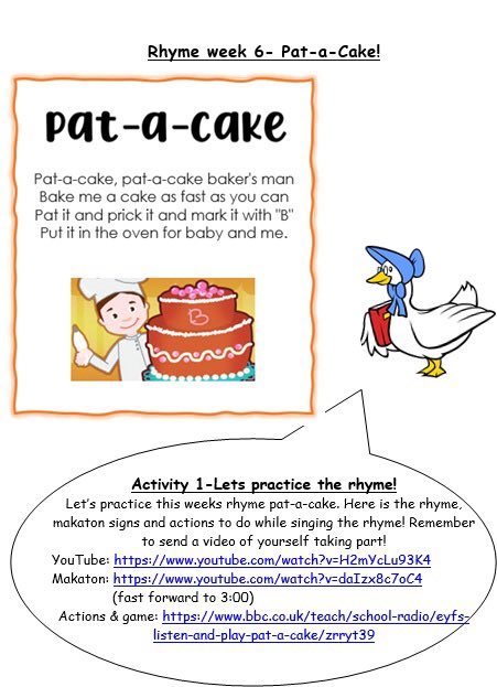 BonnyparkELC's tweet image. Mother Goose rhyme this week is Pat-a-cake 👩🏼‍🍳🎂 #DennyClusterLearningTogether #LookingForward #Primary1Transition