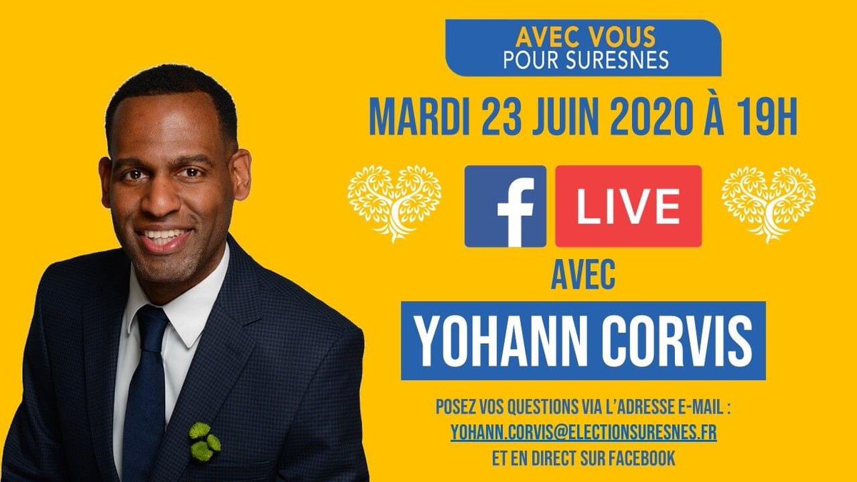 Rendez-vous demain à 19h pour le Facebook Live #1.
Yohann Corvis sera en direct pour répondre à toutes vos questions sur le programme @avecvouspoursuresnes .
Vous pouvez également poser vos questions sur l’adresse e-mail : Yohann.corvis@electionsuresnes.fr