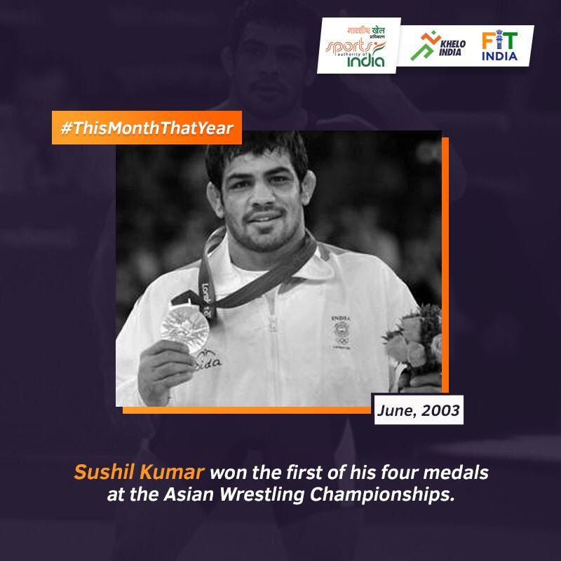 In June 2003, double Olympic medallist @wrestlersushil won bronze in the men's 60kg freestyle event at the Asian Wrestling Championships. This was his 1st of 4 medals at the C’ships. What's your inspiring story from June? Share it with us using #ThisMonthThatYear. @KirenRijiju