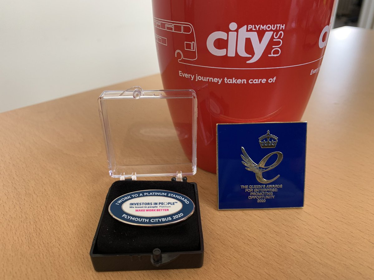 MarkGoSouthWest's tweet photo. We may not have a big voice, shouting about every achievement, but... Honored to get these out to @plymouthbus and @TFCbuses team members. No other bus company has one of these awards, let alone both! Certainly not that small city operator anymore. #proud #queensaward #iip https://t.co/TRBe9erzkQ