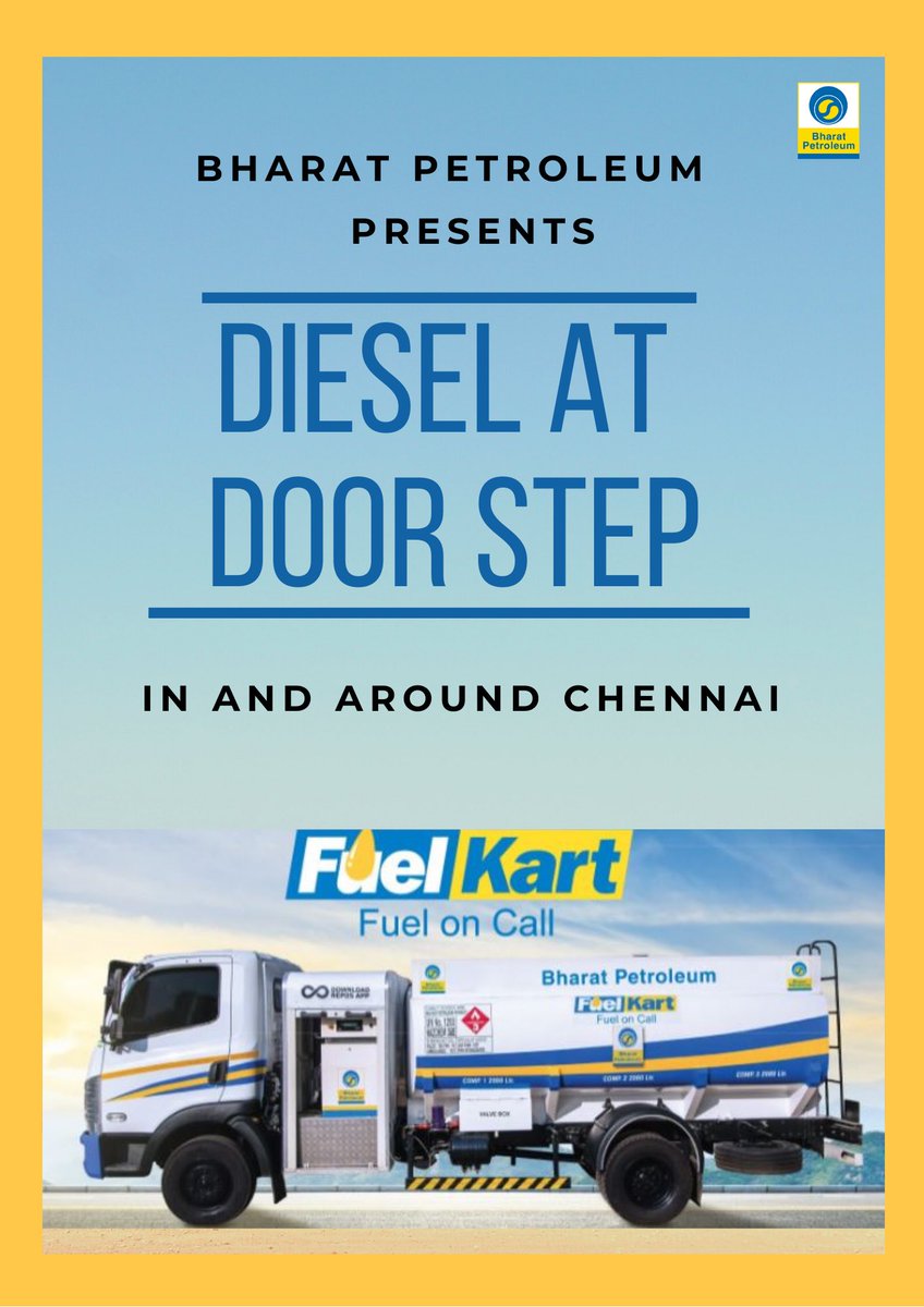 BPCRetailChn's tweet photo. The revolution starts now! Diesel at Door Step from Bharat Petroleum In &amp; Around Chennai. Know More or Place Order at https://t.co/KuojSOekU7      #FuelKart #DoorToDoorDelivery #PureForSure @chennaicorp @TN_SIPCOT @MCSampathOffl @muruganandamias @GSankh @BpcRetTamilnadu https://t.co/tTnAZO9Or9
