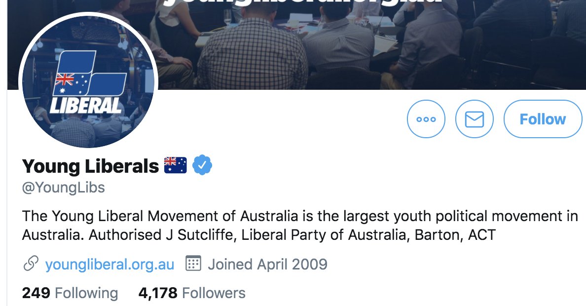 I'm struck by the (lack of) presence across social media of the major party youth wings in Australia. On Twitter, Young Labor has just over 3000 followers, Young Liberals just over 4000.