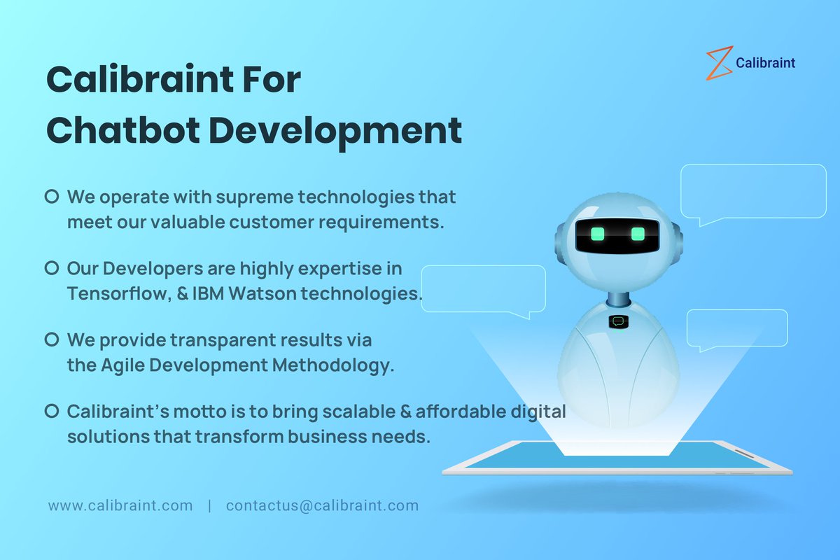 Calibraint_Tech's tweet image. Build Your Chatbot With The Worthy Team #Calibraint #chatbotdevelopment

calibraint.com/services/chatb…

#ecommercebot #bot #chatbot #chatbot #chatbotbuilder #customersupportbot #rpa #AI #machinelearning #bestsolution #itoutsourcing #offshoreteam #remoteteam #remotework