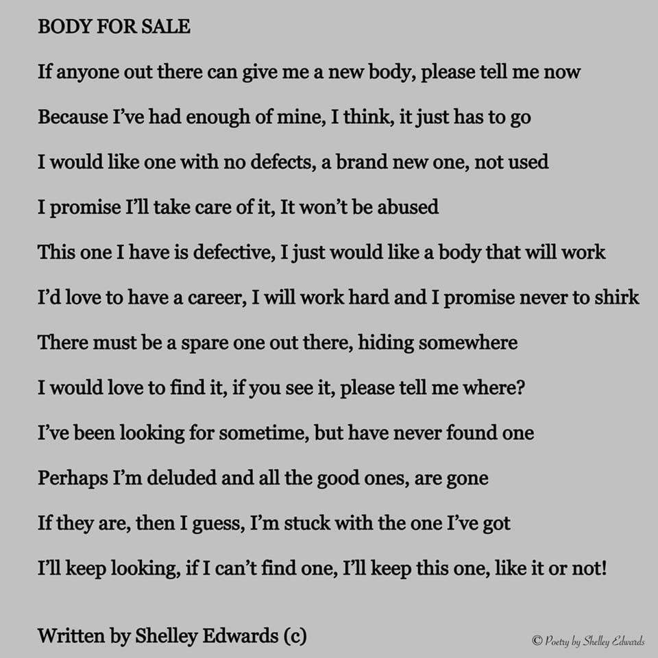 eshelleyk's tweet photo. #Parkinsons #bodyforsale #chronicillnes #poetry #MondayMotivation https://t.co/NnsAXk1xiw