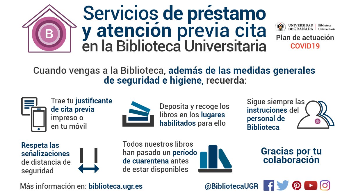 📚📚Recordamos los servicios actuales que presta la @bibliotecaUGR :

🗓️ Préstamo y devolución del libros con cita previa 

📩 ☎️ Atención de consulta bibliográfica

✖️ Salas cerradas al público