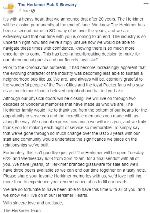 DeRusha Eats (@derushaeats) on Twitter photo Sad to see the Twin Cities premier Packer bar <a href="/TheHerkimerPub/">The Herkimer</a> is closing at Lyn-Lake after a final sendoff Tuesday and Wednesday night. Great neighborhood bar, they cite uncertain post-COVID environment, but also pre-COVID challenges for bars. Sad to see the Twin Cities premier Packer bar <a href="/TheHerkimerPub/">The Herkimer</a> is closing at Lyn-Lake after a final sendoff Tuesday and Wednesday night. Great neighborhood bar, they cite uncertain post-COVID environment, but also pre-COVID challenges for bars.