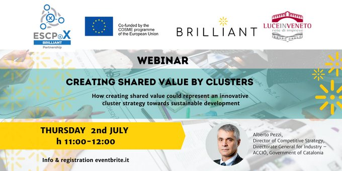 KrakowiakMarta's tweet photo. 📢CREATING SHARED VALUE BY CLUSTERS - 2° FREE WEBINAR of @ESCP4xBRILLIANT project is coming soon! By @Luce_in_Veneto with key expert @albertopezzi
📅Save the date: 2 July 2020 at 11:00 CET
👉#clusters & #clustermanagers Register here: https://t.co/6QZeaNKjEh
@Clusters_EU #cosme https://t.co/LnpRQCEKqD