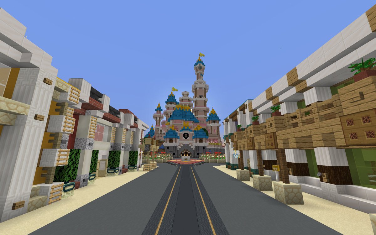 So here’s Main Street. It has an entrace hotel, a movie theater, a rope drop show, a place for parade floats, the Emporium, an ice cream parlor, Starbucks, a rotating meet and greet (Star Wars rn), two restaurants, and a few apartments.