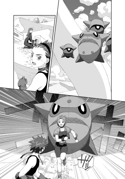 愚作「砂の神 空の人」から台詞フキダシ無し絵その,8
この漫画はペン入れの時に擬音も描いてる場合があるので消せたり消せなかったりしています_φ(‾▽‾)

戦闘機とロボットと…ちゃんとメカに見えるかなぁ(^^;; 