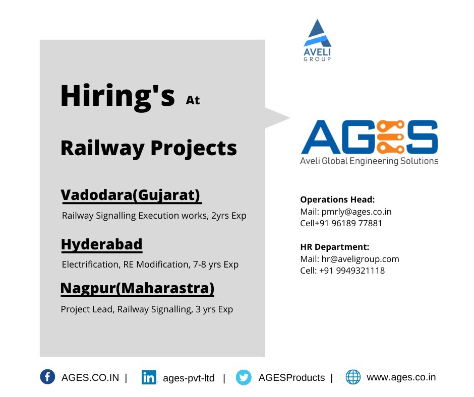 AGESProducts's tweet photo. #Job #openings at Aveli Global Engineering Solutions(AGES)
#Require candidates #siteengineer #signallingexecution works.#electrification, #REmodification #ProjectLead 
contact:
Operations Head: pmrly@ages.co.in|+91 96189 77881
hr@aveligroup.com|+91 9949321118
#ages @DamodarAveli https://t.co/hVjZAn4z1w