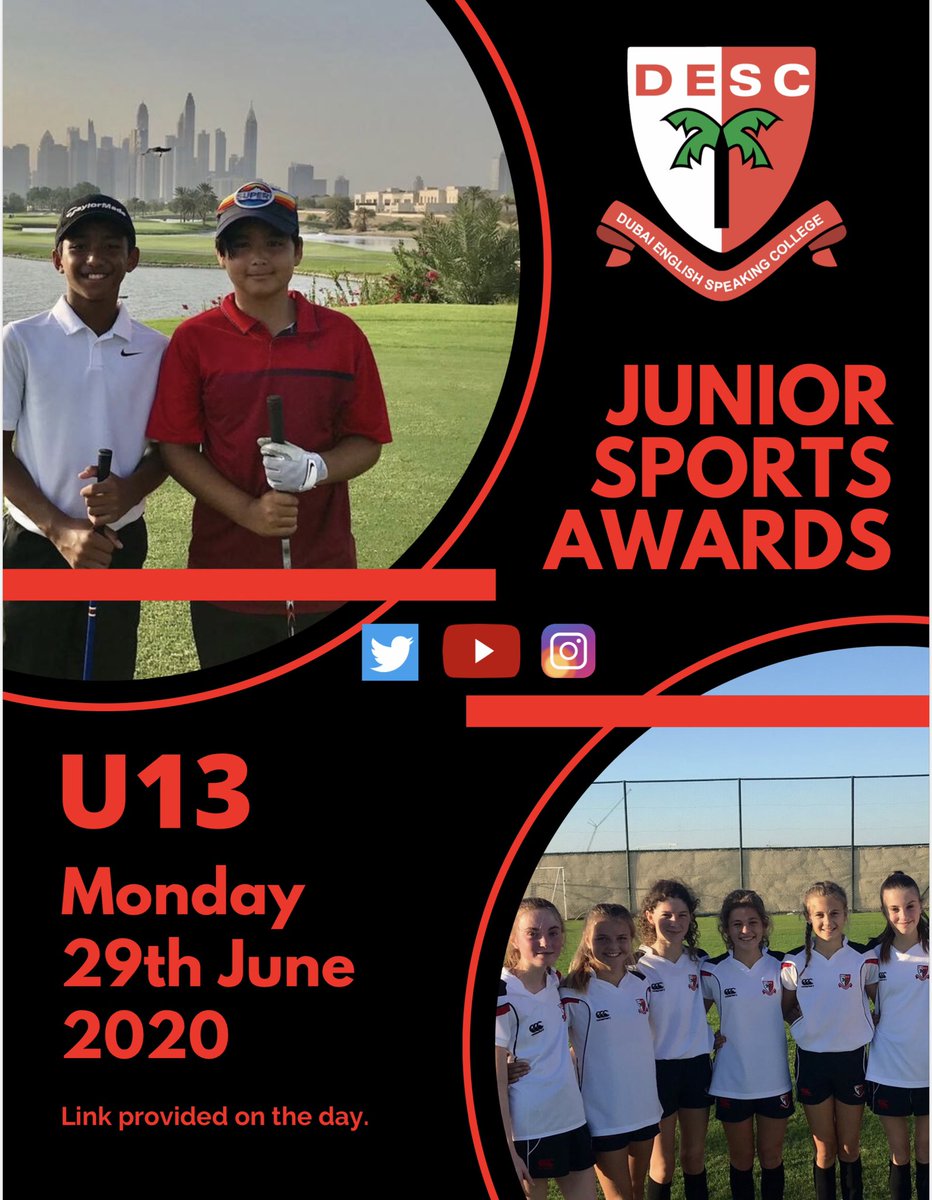 Save the date! Junior Sports Awards for the Under 13s showing at 5pm on the <a href="/DESCDubai/">Dubai English Speaking College (DESC)</a> YouTube channel. Good luck to those nominated for an award 🥇