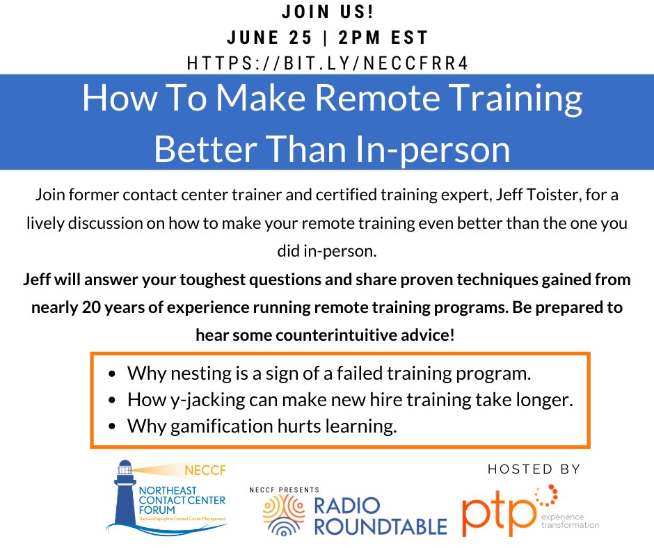 NECCF's tweet photo. Join us this Thursday with special guest Jeff Toister!
@toister

Register today!
https://t.co/3tajDY2tr0

Hosted by @PTPCX PTP

#contactcenter
#remotetraining
#NECCF https://t.co/FRMCAFwun3