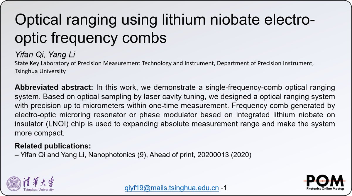 xqss52904's tweet photo. In this work a single-frequency-comb optical ranging system is demonstrated. Frequency comb generated by electro-optic microring resonator or phase modulator based on LNOI chip is used to expanding absolute measurement range and make the system more compact. @PhotonicsMeetup https://t.co/BtkxFhdzIy