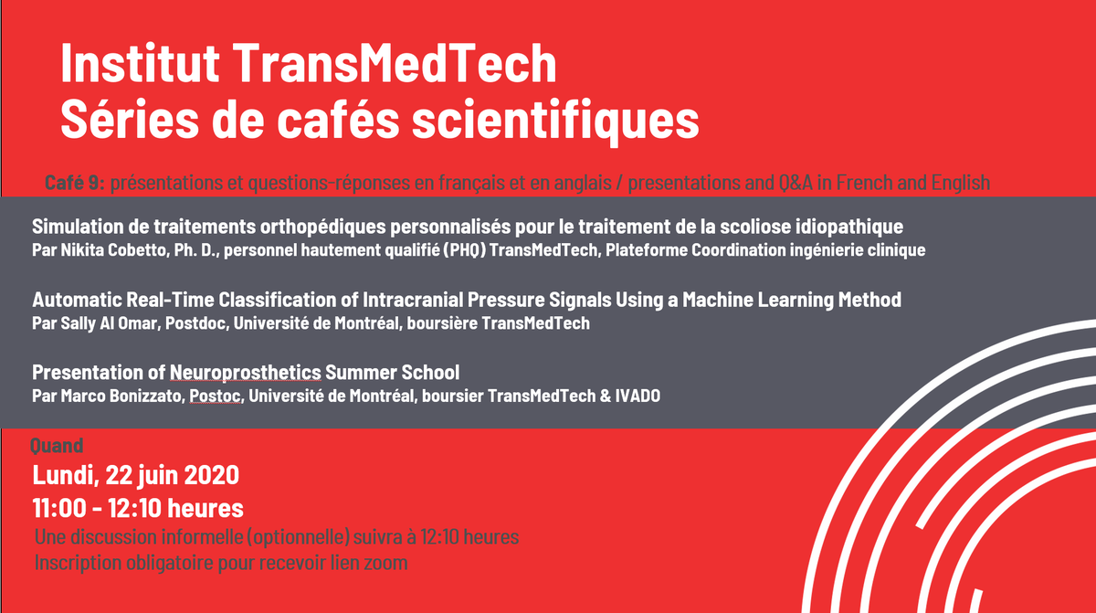 transmedtech's tweet photo. Starting in 1 hour! On débute dans 1h!
#simulation en traitement de la #scoliose, classification of Intracranial Pressure, #Neuroprosthetics? 3 speakers, 3 themes - #TransMedTech 9th scientific café
Register for free: https://t.co/hVBMFtDXrS https://t.co/LgYrfU3qaM