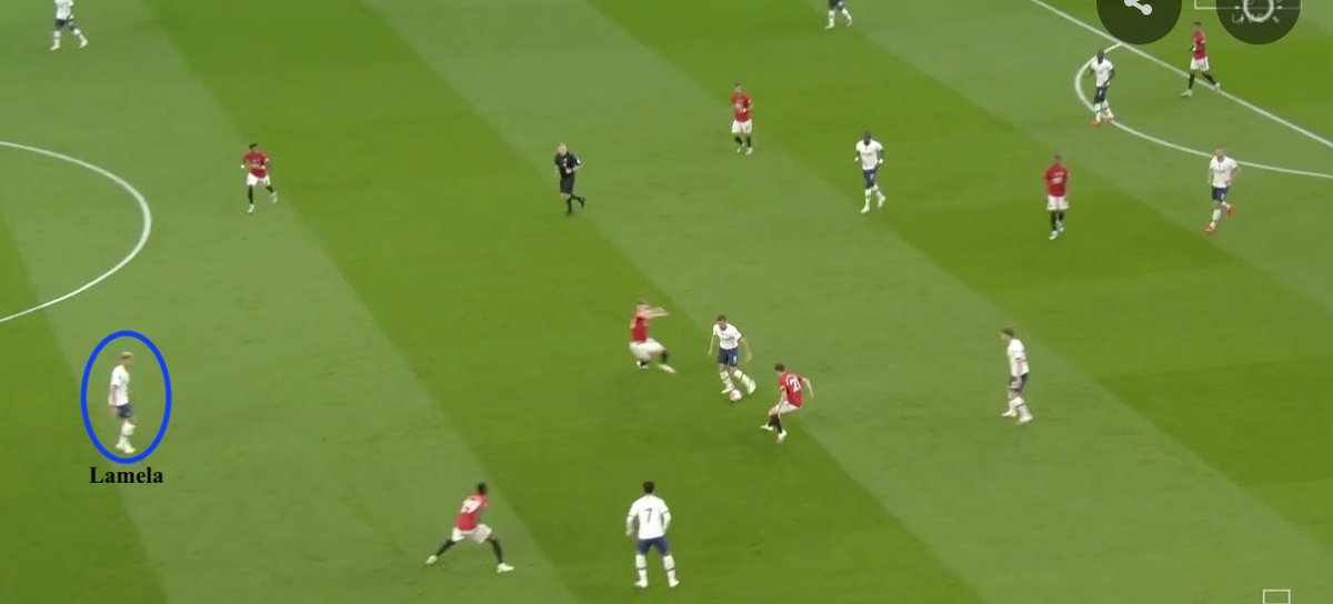 •Another key in the 1st half for Mourinho was the use of Lamela - he acted as a conduit between Spurs' midfield winning the ball & their attack- positioned himself around the halfway line, then span away from his marker. It was very similar to how KDB played vs Arsenal on Wed