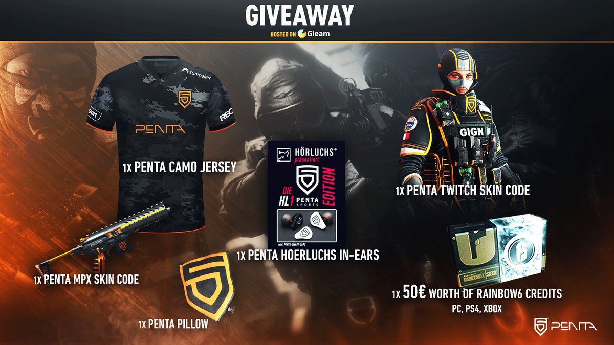New Gleam #giveaway!

This time, you have a chance to win 50€ worth of #rainbow6 credits, PENTA edition <a href="/hoerluchs/">Hörluchs</a> in-ears, PENTA Jersey, PENTA Twitch &amp; MPX skin codes and a PENTA pillow.

👉 penta.gg/GiveawayGleam

Winners will be picked on the 29th of June.

GL!

#ThIsIsPENTA
