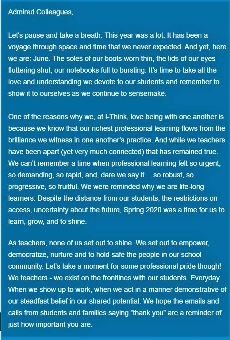 IThinkTogether's tweet photo. This wks letter of❤️is co-written by I-Think Mentors. If you've learned with us over the past 12 weeks, you know these brilliant voices well. They've led breakout rooms, guided conversations &amp; deepened our learning. They create the space for us to re-imagine teaching &amp; learning💡 https://t.co/DDHPsrkbga