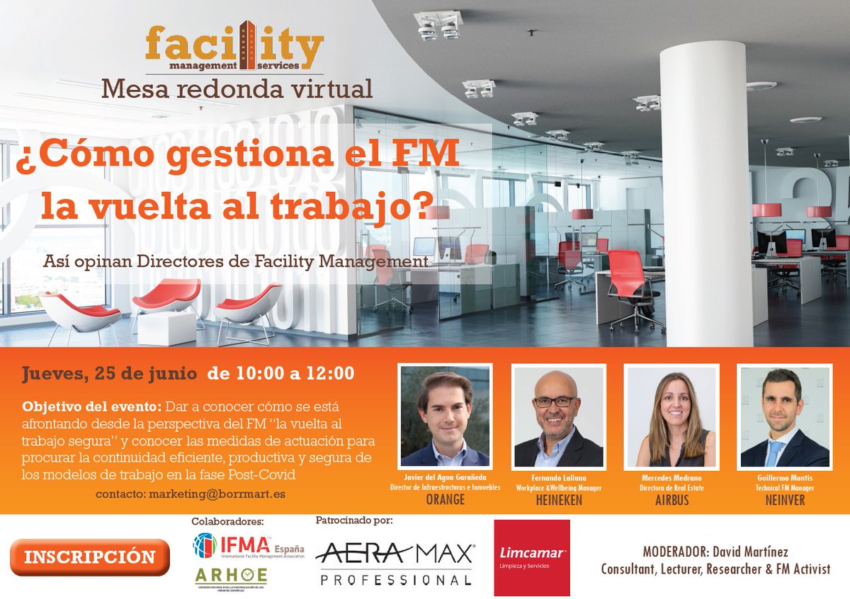 IFMA_spain's tweet photo. ¿CÓMO GESTIONA EL FM LA VUELTA AL TRABAJO?
Te lo contamos en la #MesaRedonda de @Facilityms, con la que hemos #colaborado, junto a @ARHOE_enhora.
🗓️Jueves, 25 de junio 
⏰10:00 horas 
📍Online
🤔Echa un vistazo al programa👇e inscríbete‼️ 👉https://t.co/BwWRdG83Fd https://t.co/IC9tGqWyfF