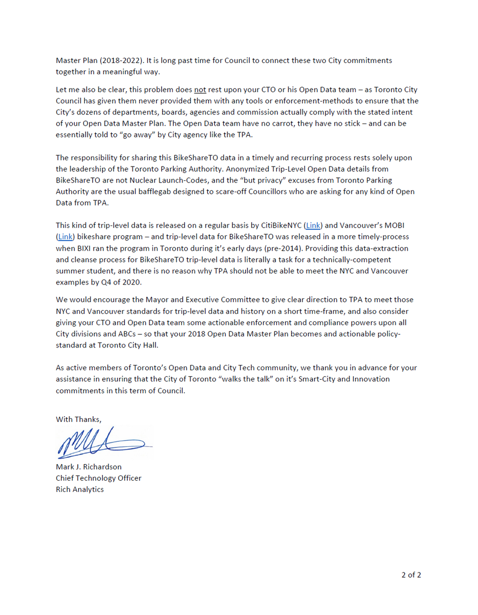 RichAnalytics's tweet photo. 1/ Today, we submitted the attached PDF public-letter to @TorontoCouncil to encourage them to "walk the talk" on enabling #OpenData and Civic-Tech Innovation on @BikeShareTO and other City-Data holdings in #TOPoli...
#ReOpenGov
PDF - https://t.co/hCV68X2y2j https://t.co/1MOuSdaCat