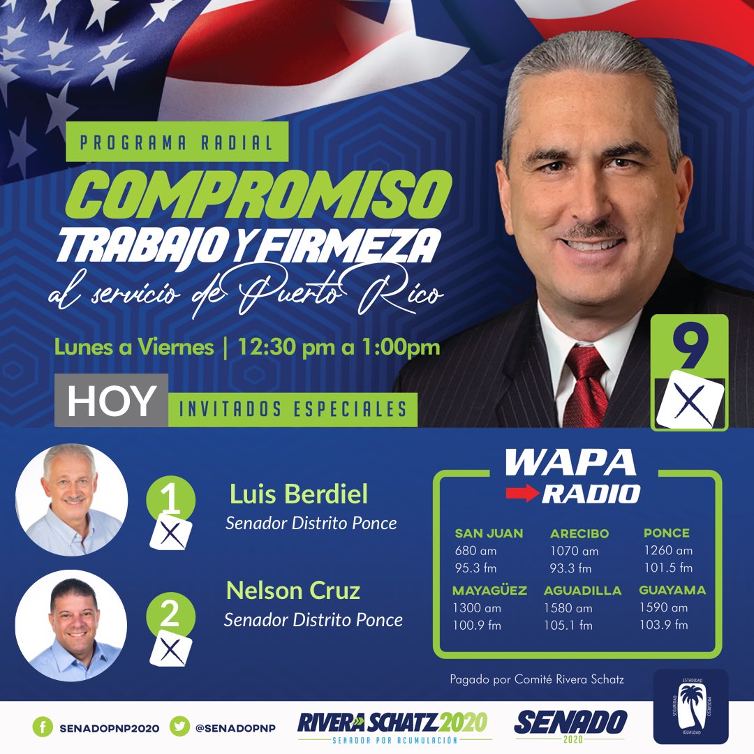 HOY📻• Programa Radial: Compromiso, Trabajo y Firmeza al servicio de Puerto Rico. 

Invitados especiales; senadores del distrito de Ponce; <a href="/luisberdiel51/">Luis Berdiel</a> y <a href="/SenadorCruz/">Nelson Cruz Ex Senador</a> . #SenadoPNP
