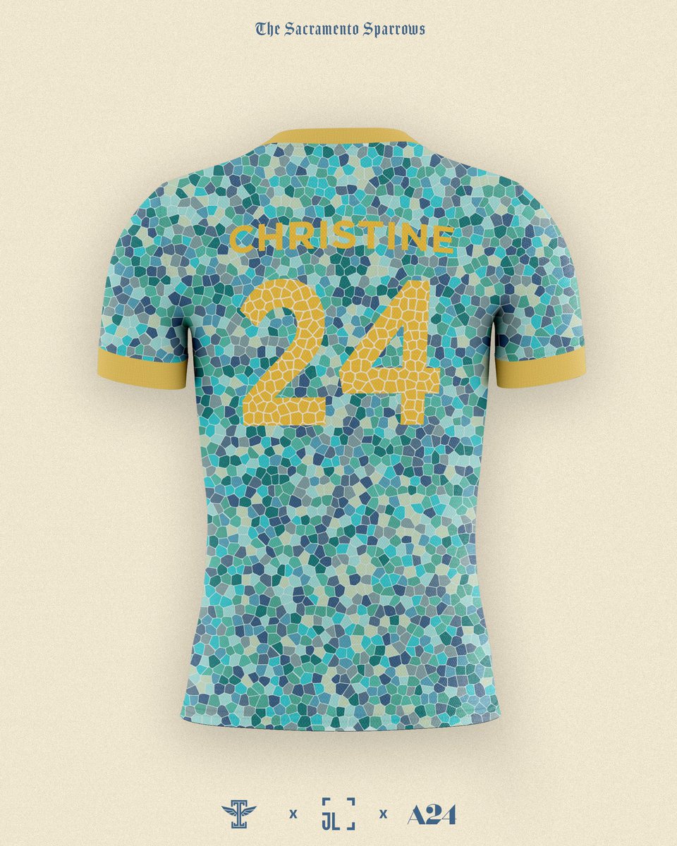 A24 films as football clubs: The Sacramento Sparros 1st kit. Founded in 2002, the club has struggled to live up to the ownerships expectations. The tension between club captain Lady Bird & the majority owner once got so out of hand that the player threatened to buy the club out.