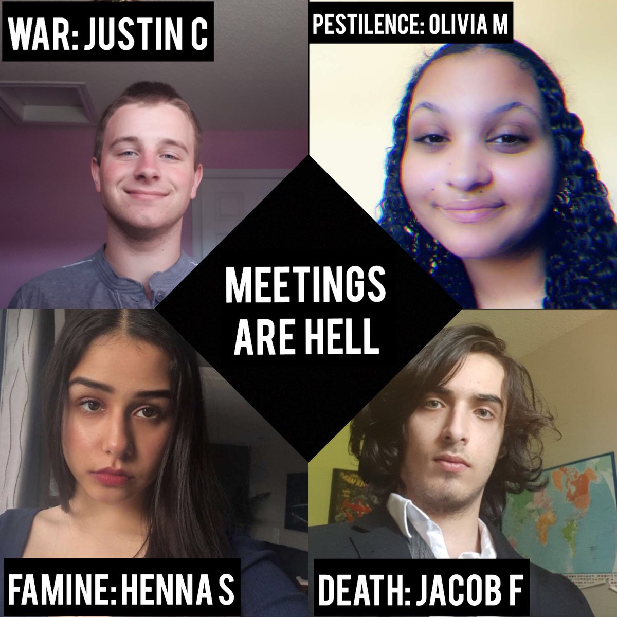 'Meetings are Hell' from Scenes from a Quarantine by Lindsay Price youtu.be/DCG2qAcz7dI via <a href="/YouTube/">YouTube</a> 
War is jealous and Pestilence is feeling quite proud of herself during Covid-19. @peelschools <a href="/HumberviewSS/">Humberview S.S.</a>  <a href="/theatrefolk/">Theatrefolk</a>