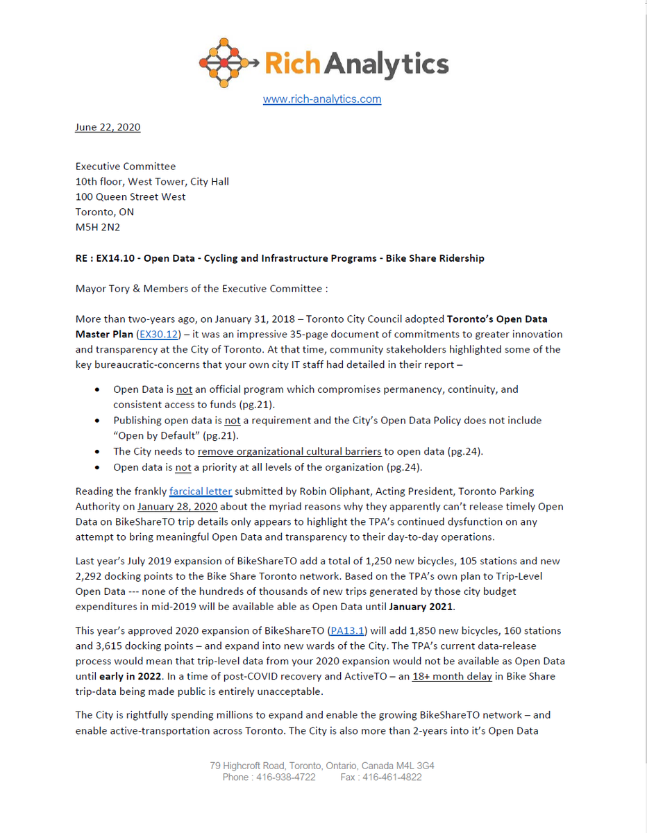 RichAnalytics's tweet photo. 1/ Today, we submitted the attached PDF public-letter to @TorontoCouncil to encourage them to "walk the talk" on enabling #OpenData and Civic-Tech Innovation on @BikeShareTO and other City-Data holdings in #TOPoli...
#ReOpenGov
PDF - https://t.co/hCV68X2y2j https://t.co/1MOuSdaCat